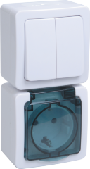 Блок вертикальный для открытой установки БВб-22-32-ГПБд (Выключатель 2-клавишный + розетка 1-местная с заземляющим контактом) IP54 ГЕРМЕС PLUS (белый/дымчатый) IEK