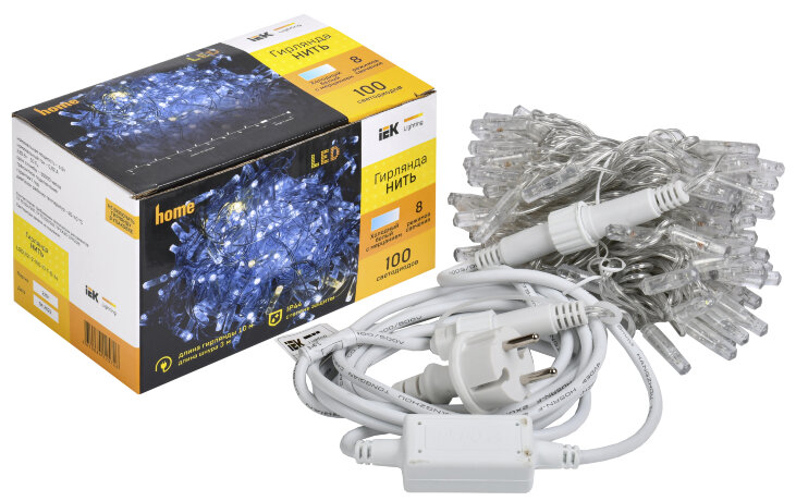 LIGHTING Гирлянда нить 10м 100 светодиодов белый свет IP44 прозрачный шнур 3м 230В мерцание транзит IEK