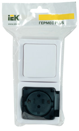 Блок горизонтальный для открытой установки БГб-22-31-ГПБд (Выключатель 1-клавишный + розетка 1-местная с заземляющим контактом) IP54 ГЕРМЕС PLUS (белый/дымчатый) IEK