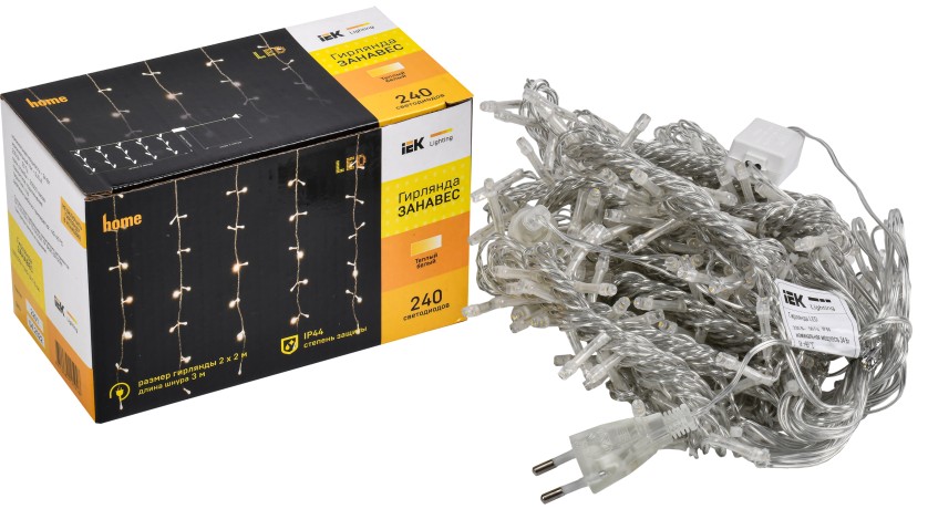 LIGHTING Гирлянда занавес 2х2м 240 светодиодов теплый белый свет IP44 прозрачный шнур 3м 230В транзит IEK
