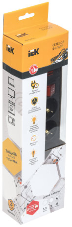 Сетевой фильтр СФ-05К-выкл. 5 мест 2Р+PЕ/5метров 3х1мм2 16А черный IEK