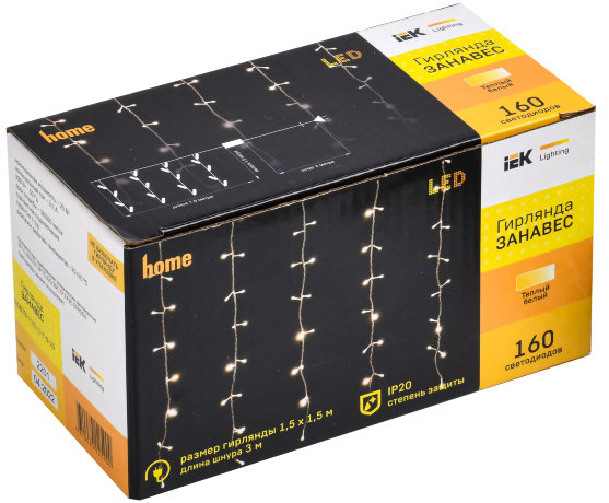 LIGHTING Гирлянда занавес 2х2м 240 светодиодов белый свет IP44 прозрачный шнур 3м 230В транзит IEK