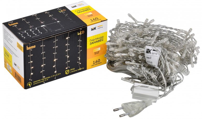LIGHTING Гирлянда занавес 2х2м 240 светодиодов белый свет IP44 прозрачный шнур 3м 230В транзит IEK