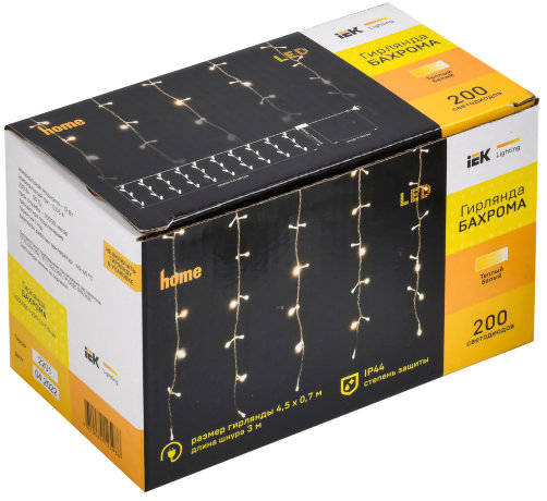 LIGHTING Гирлянда бахрома 4,5х0,7м 200 светодиодов теплый белый свет IP44 прозрачный шнур 3м 230В транзит IEK