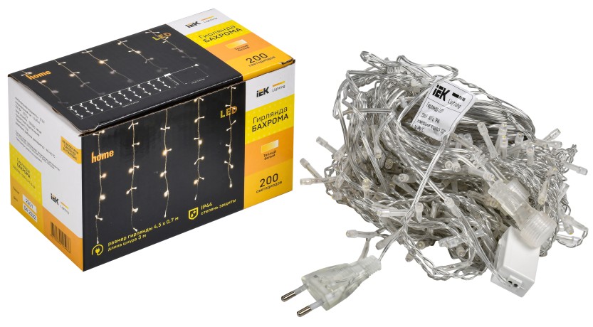 LIGHTING Гирлянда бахрома 4,5х0,7м 200 светодиодов теплый белый свет IP44 прозрачный шнур 3м 230В транзит IEK