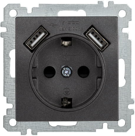 Розетка РЮш10-1-Б с заземляющим контактом с защитной шторкой 16А USBх2 2,1A BOLERO антрацит IEK