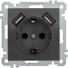Розетка РЮш10-1-Б с заземляющим контактом с защитной шторкой 16А USBх2 2,1A BOLERO антрацит IEK