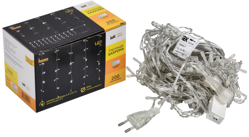 LIGHTING Гирлянда бахрома 4,5х0,7м 200 светодиодов белый свет IP44 прозрачный шнур 3м 230В транзит IEK