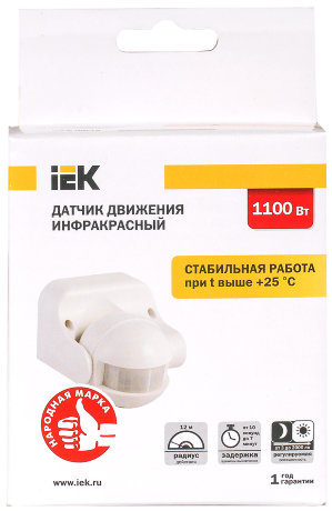 Датчик движения ДД-009 1100Вт 180град 12м IP44 белый IEK