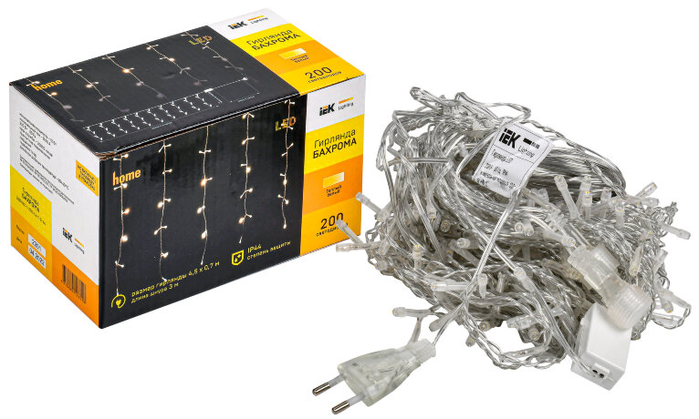 LIGHTING Гирлянда бахрома 4,5х0,7м 200 светодиодов теплый белый свет IP44 прозрачный шнур 3м 230В мерцание транзит IEK