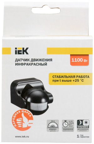 Датчик движения ДД-009 1100Вт 180град 12м IP44 черный IEK