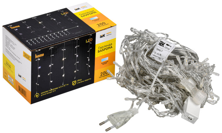 LIGHTING Гирлянда бахрома 4,5х0,7м 200 светодиодов белый свет IP44 прозрачный шнур 3м 230В мерцание транзит IEK