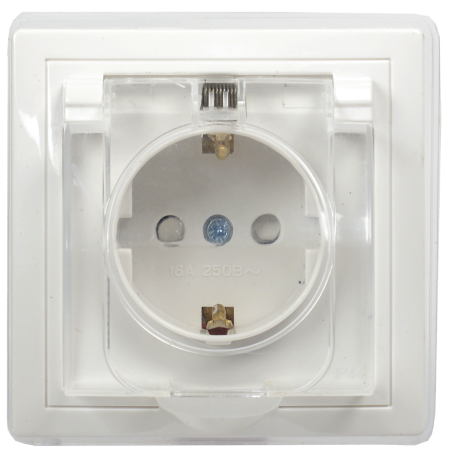 Розетка 1-местная РСбш10-3-ККБ-44 с заземляющим контактом с защитной шторкой с крышкой керамика IP44 16А КВАРТА белый IEK