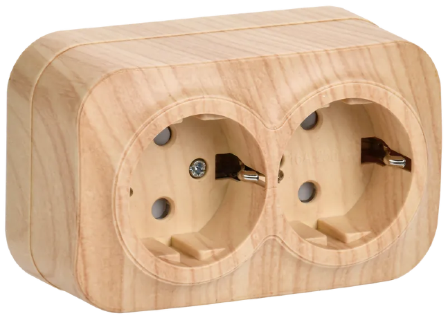 Розетка двухместная для открытой установки РСш22-3-ХС с заземлением и защитной шторкой 16А GLORY сосна IEK